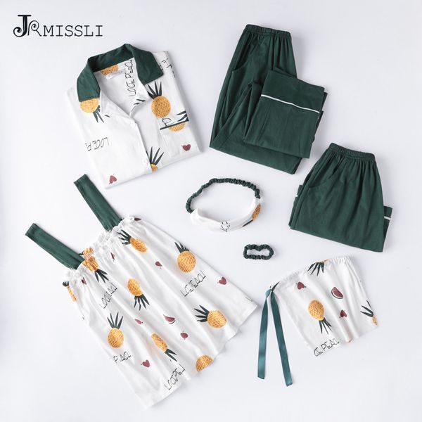 

jrmissli spring 7 pcs set cotton elegant women pajamas pineapples print pajama set elastic waist pant full lounge, Blue;gray
