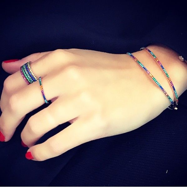 

rose gold plated multicolor stone rainbow cz cuff bangle for women 2018 summer fashion jewelry diamater 56-58mm colorful stone jewelry, Black