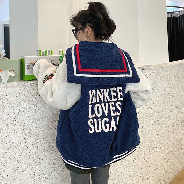 

lambswool coat female navy collar short jacket letter embroidery baseball uniform long sleeve padded outer wear college style, Black;brown