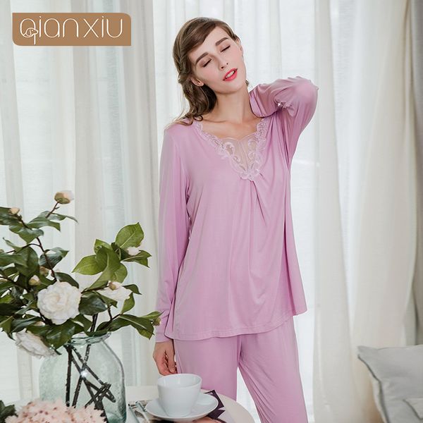 

2018 autumn brand homewear female elegant lace pajama sets women v-neck collar shirt + pants ladies bamboo fiber sleepwear suit, Blue;gray