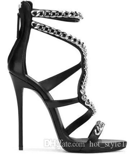 

large size woman summer cross band ankle strap chain sandals femal nightclub super high heel genuine leather personality party sandals, Black