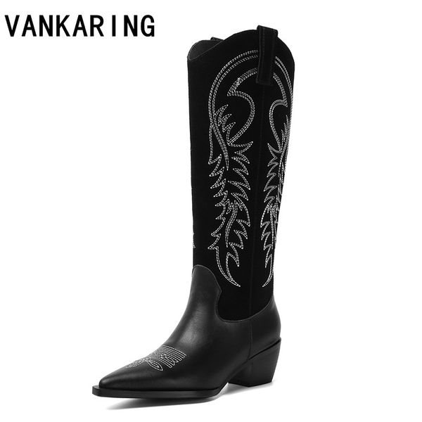 

zapatos mujer women shoes winter embroidery soft leather knee high boots platform vintage riding boots chaussures femme, Black