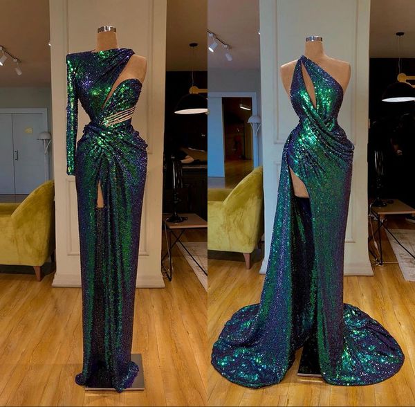 

Sexy Sleeveless Dark Green Mermaid Evening Dresses 2019 Sexy High Split Prom Dress Sequined Formal Evening Gowns robe de soiree Abendkleider
