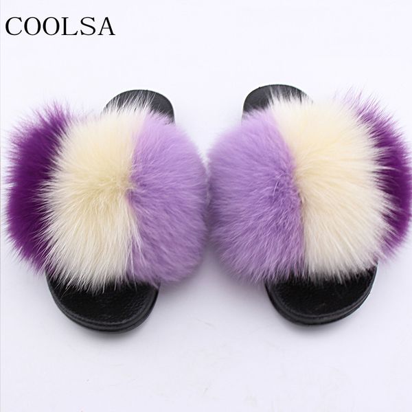 

coolsa women's winter flat fur slippers indoor warm tricolor fur slippers fluffy plush flip flops big customizable, Black