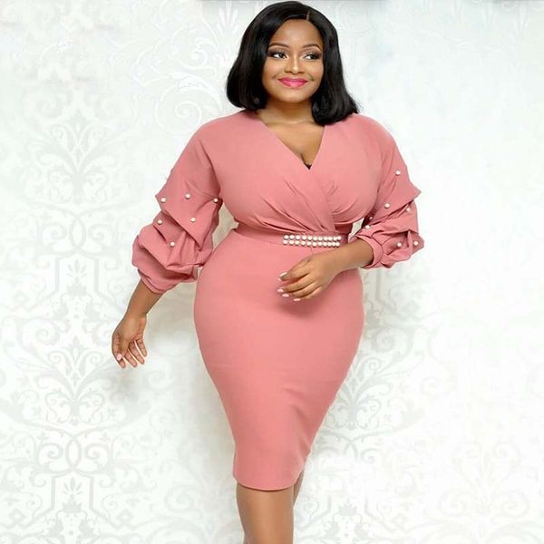 

africa clothing multi-layered folds v-neck beaded wave sleeves commuter dress pink white puls size -xxl, Red
