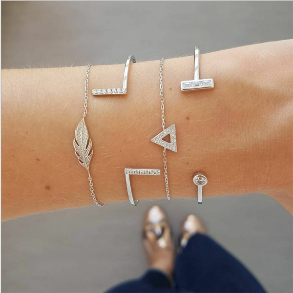 

2019 new trendy silver triangle leaf cystal long bangle 4pcs for women open elegant bracelets set gift wholesale women jewelry, Black