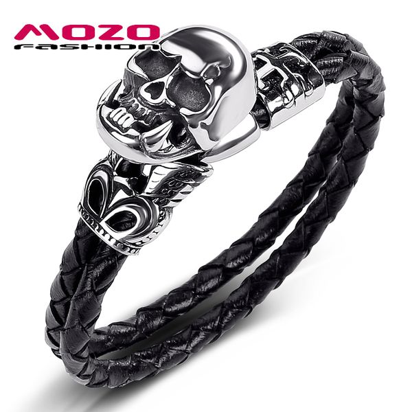 

fashion men jewelry black double layer leather bracelet stainless steel punk demon skull charm exaggeration bracelet ps1029, Golden;silver