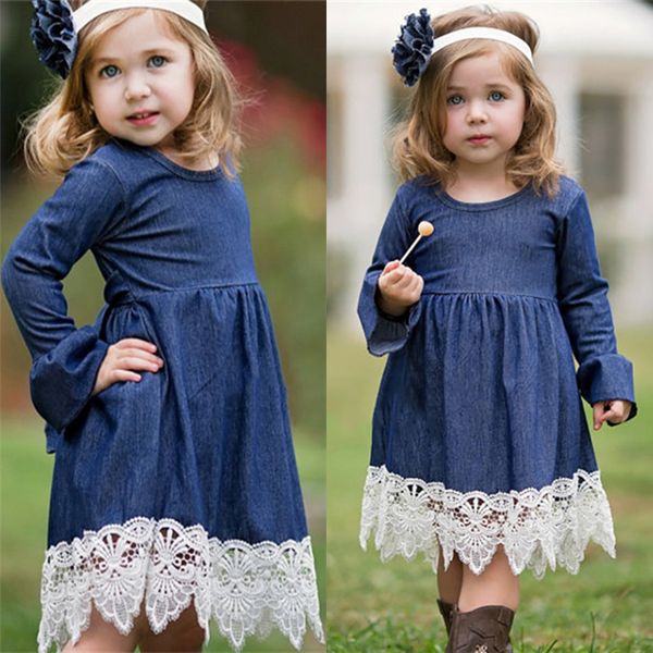 

autumn spring girls princess denim dress lace evening dress kids designer clothes girls long sleeve party dresses dhl jy04, Red;yellow