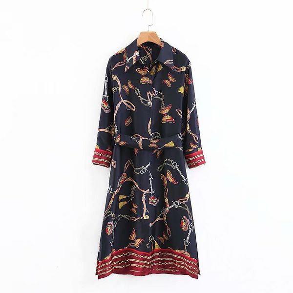 

q1653 fashion women turn down collar long sleeve side split vintage dress ladies chic slim waist with belt dresses vestidos, Black;gray