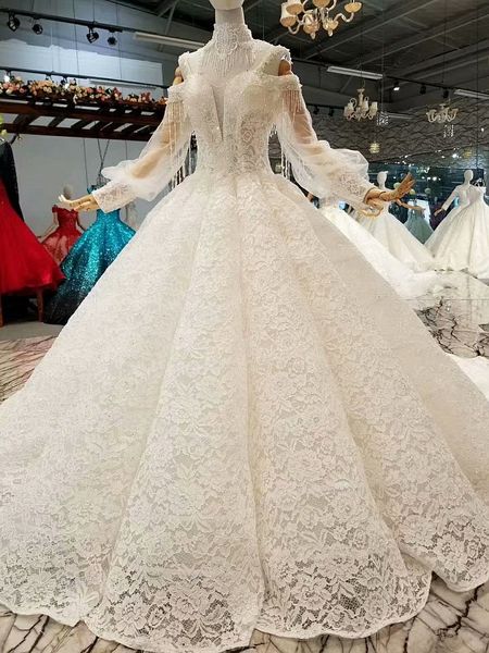 

new sequin wedding crystal one shoulder lantern sleeve lace tail can be customized high-end hand white wedding dress