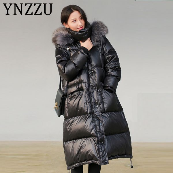 

ynzzu korean style 2019 winter women's down jacket casual long with real raccoon fur collar hooded ladies duck down coat a1151, Black