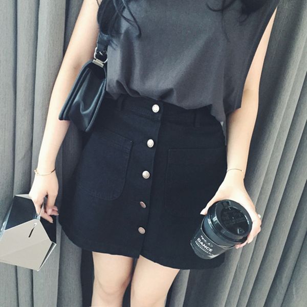 

new 2019 summer girls a-line korean mini jeans skirt single button slim waist denim pencil skirts summer skirt women, Black