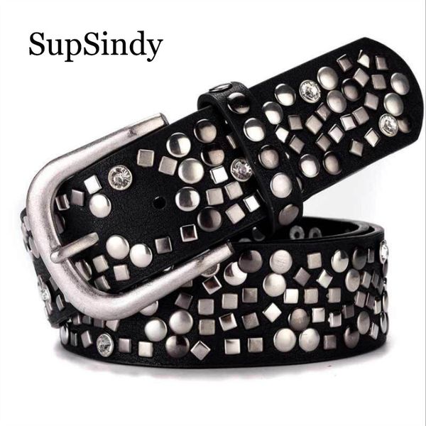 

supsindy new woman's belt punk pin buckle vintage dot rivet luxury lady's original leather belts for women waistband female belt, Black;brown