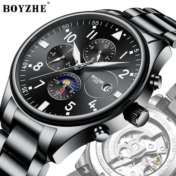 

boyzhe men automatic mechanical watch stainless steel luminous brand sports business casual waterproof watches relogio masculino, Slivery;brown