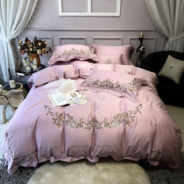 

embroidery egyptian cotton pink bedding set king size  bed set bed sheet fitted sheet duvet cover parure de lit