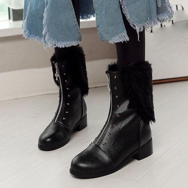 

youyedian women boots 2019rivet leather boots retro women winter shoes casual zipper mid calf zapatos de botas mujer, Black