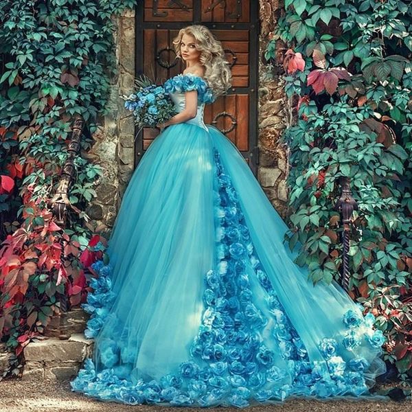 

2019 Masquerade Ball Gown Quinceanera Dresses with Handmade Flowers Formal Dress Off the shoulder Sweep Train Tulle Prom sweet 16 dresses