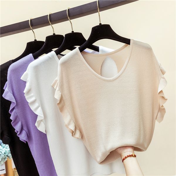 

2019 summer knitted women lace t shirt high elasticity o-neck sleeveless tee shirt breathable female tshirt, White