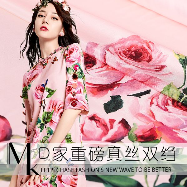 

rose digital printed silk fabric 18mm silk crepe de chine fabric drape for dress wholesale cloth, Black;white