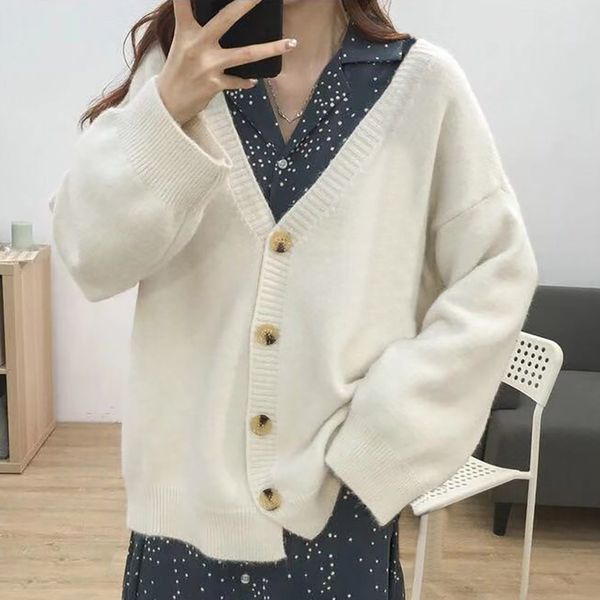 

vogue nice korean style solid color women sweater coat cardigan single-breasted long sleeve knitted sweater autumn winter, White