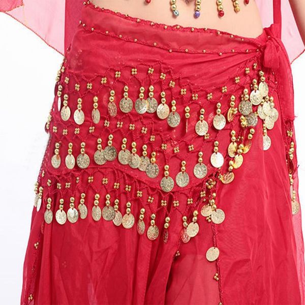 

women 3 layers coin chain belly dance hip scarf wrap belt belly dancer skirt costume chiffon dancer skirt for ladies, Black;red
