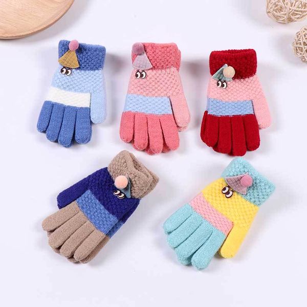 

ahb 5-10y winter gloves for children striped knitted gloves girls five finger wrist mitten cute hat cartoon eye kids, Blue;gray