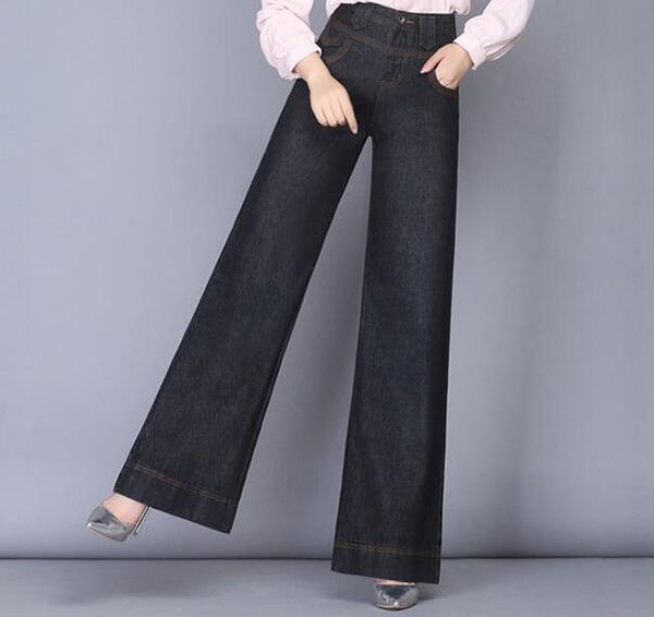 

cotton blend denim jeans casual wide leg pants women full length blue black new fashion autumn spring high waist mdk0801