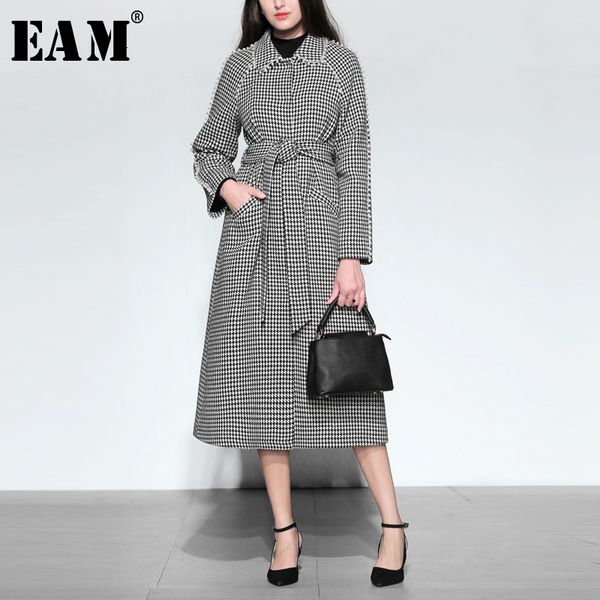 

eam] loose fit black plaid pearl split long woolen coat parkas new long sleeve women fashion tide autumn winter 2019 1d458