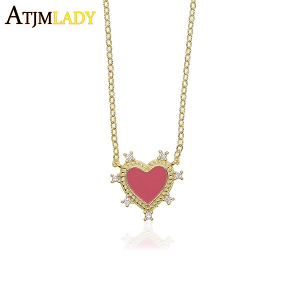 

neon enamel colorful heart necklace micro pave cz love heart charm link chain girlfriend valentine's day gift fashion jewelry, Silver