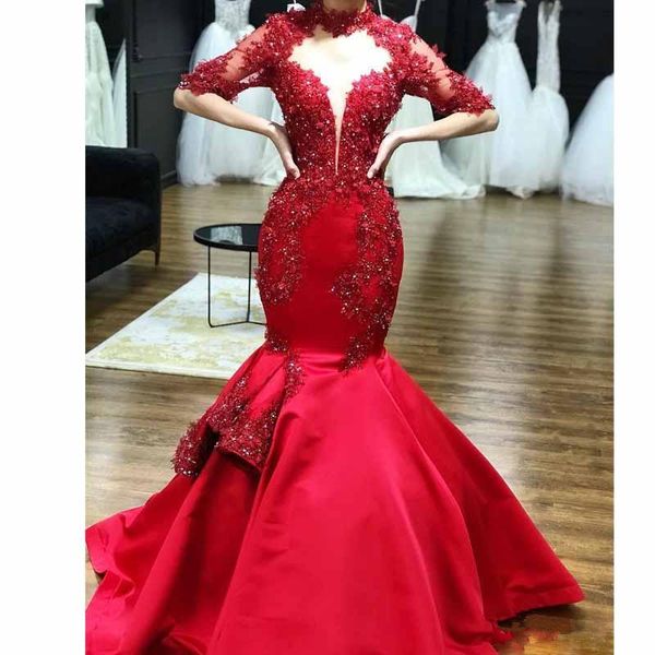 

русалка sparkly вечернее театрализованное платья с половиной рукав 2019 кружева аппликация высокая шея труба арабский дубай случаю пром плат, Black