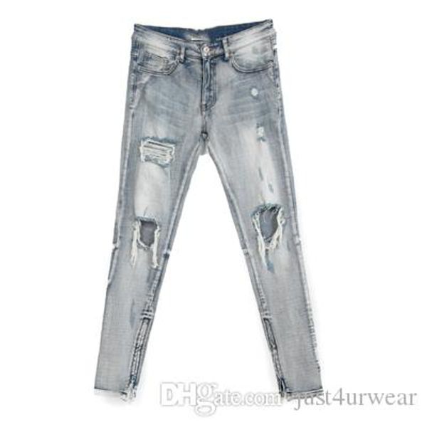 

mens brand slim fashion high street jeans hole seasons zipper distressed pencil pents male long jeans, Blue
