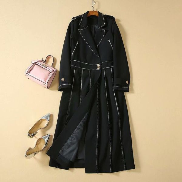 

runwaybox designer women diamonds turn-down collar european style outwear trench autumn office lady black windbreaker 2019, Tan;black