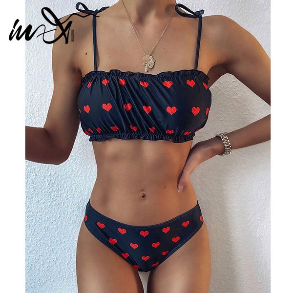 

in-x love print swimsuit women ruffle bikinis set mid waist swimwear women tie up bathing suit swim suit female beach wear