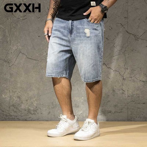 

men's jeans hole shorts men plus size 44 46 denim straight male 2021 summer casual ripped jean short 5xl 6xl 7xl, Blue