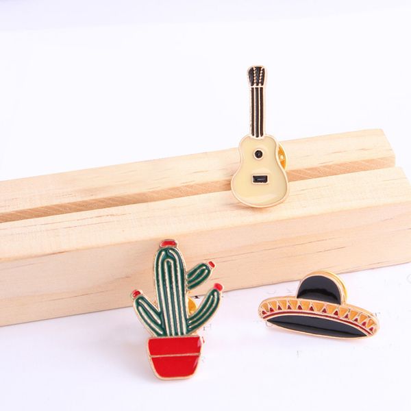 

3pcs lovely country style colorful cartoon potted cactus guitar cowboy hat badge brooch pins children gift present, Gray