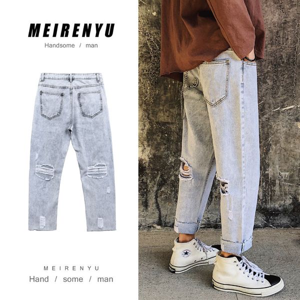 

summer ripped jeans men's fashion washed retro straight jeans men streetwear wild loose hip-hop hole denim trousers mens s-2xl, Blue