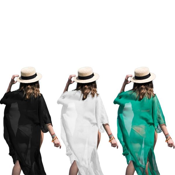

womens semi sheer summer chiffon sunscreen kimono cardigan maxi length side split solid color bikini cover up open front hal, White