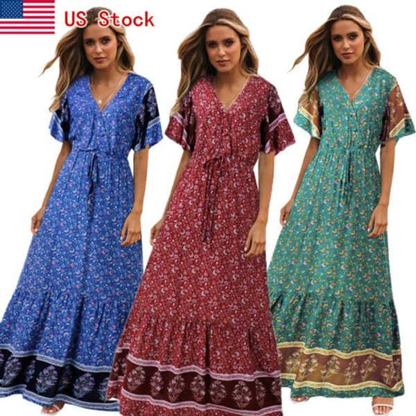

2019 vintage maxi dress women boho floral long maxi dress evening party summer lady girl beach new, Black;gray