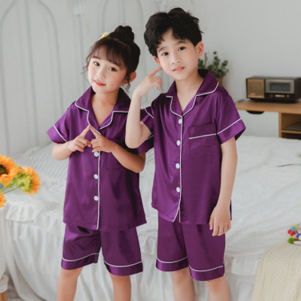 

baby summer short sleeve short pant silk sleepwear set kids pajamas set solid color comfort girl boy nightwear home, Blue;red