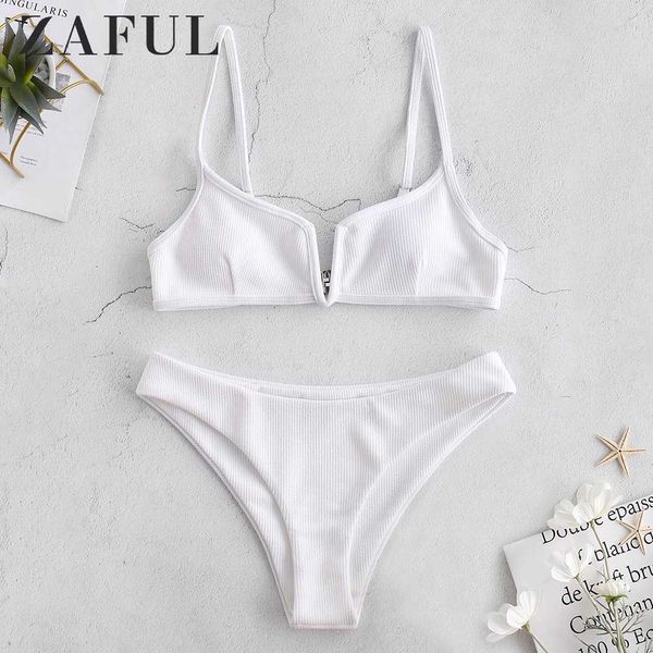 

zaful ребристые v cut бикини set бретельки solid summer chic swim suit провод free купальный костюм для женщин две пьесы наборов 2019, White;black