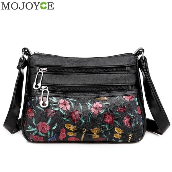 

fashion flower dragonfly print crossbody handbag pu leather women multi pocket shoulder messenger bags casual ladies satchel bag