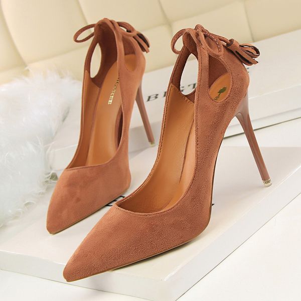 

bigtree women pumps cut-outs bowtie tassel fashion solid suede pointed toe shallow high heels shoes, Black