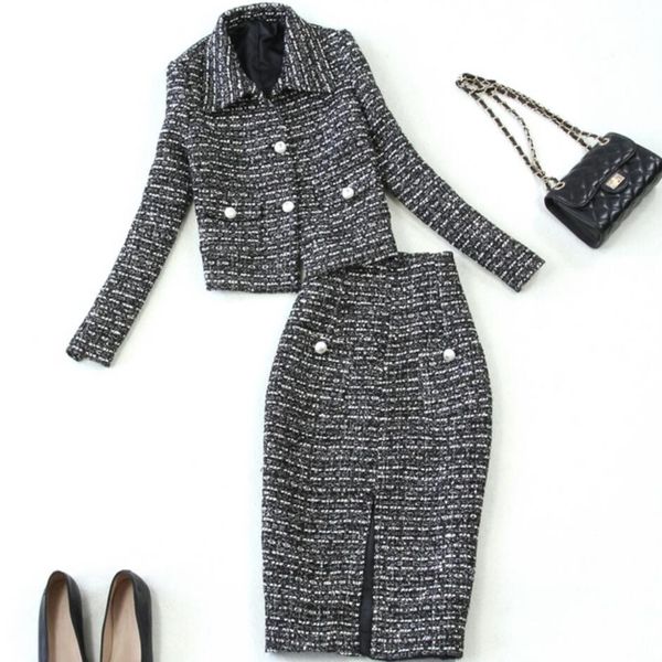 

2018 new autumn winter fashion ladies wool tweed jacket coat + package hip skirt two piece women's elegant woolen skirt set, Gray