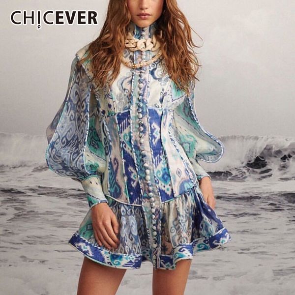 

chicever elegant print ruffle hit color dress for women turtleneck lantern long sleeve high waist autumn dresses female fashion, Black;gray