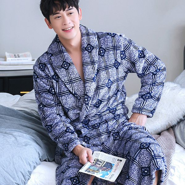 

h5955 men robes winter plus thick coral velvet long sleeve bathrobe sleepwear male warm large size comfortable soft nightwear, Black;brown