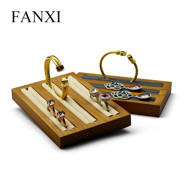 

fanxi solid wood jewelry display stand 3 rows ring earrings bangle holder with microfiber ring expositor jewelry tray organizer, Pink;blue