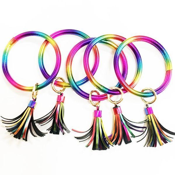 Portachiavi con nappa Braccialetti con anello a mano arcobaleno Moda Cerchio colorato Braccialetti in pelle rotonda Braccialetti con ciondoli per ragazza da donna Portachiavi con gioielli