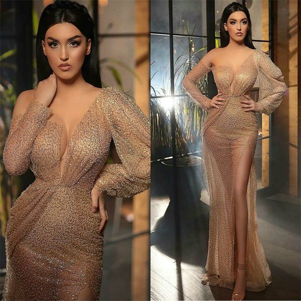 

glitter a-line evening dresses high-split sequins long sleeve prom dress sweep train custom made party gown, Black;red