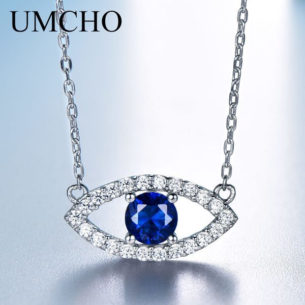 

umcho trendy genuine 925 silver necklace eyes created blue sapphire chain necklaces for women engagement gifts fine jewelry t190702