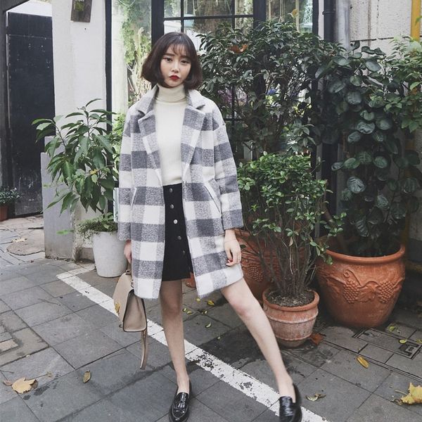 

women's wool & blends 2021 autumn plaid coat fashion long woolen slim type female sleeve jackets outwear, Black